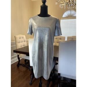 Sandro Ferrone Roma Silver Metallic Shift Dress IT 46 Made in Italy Short Sleeve